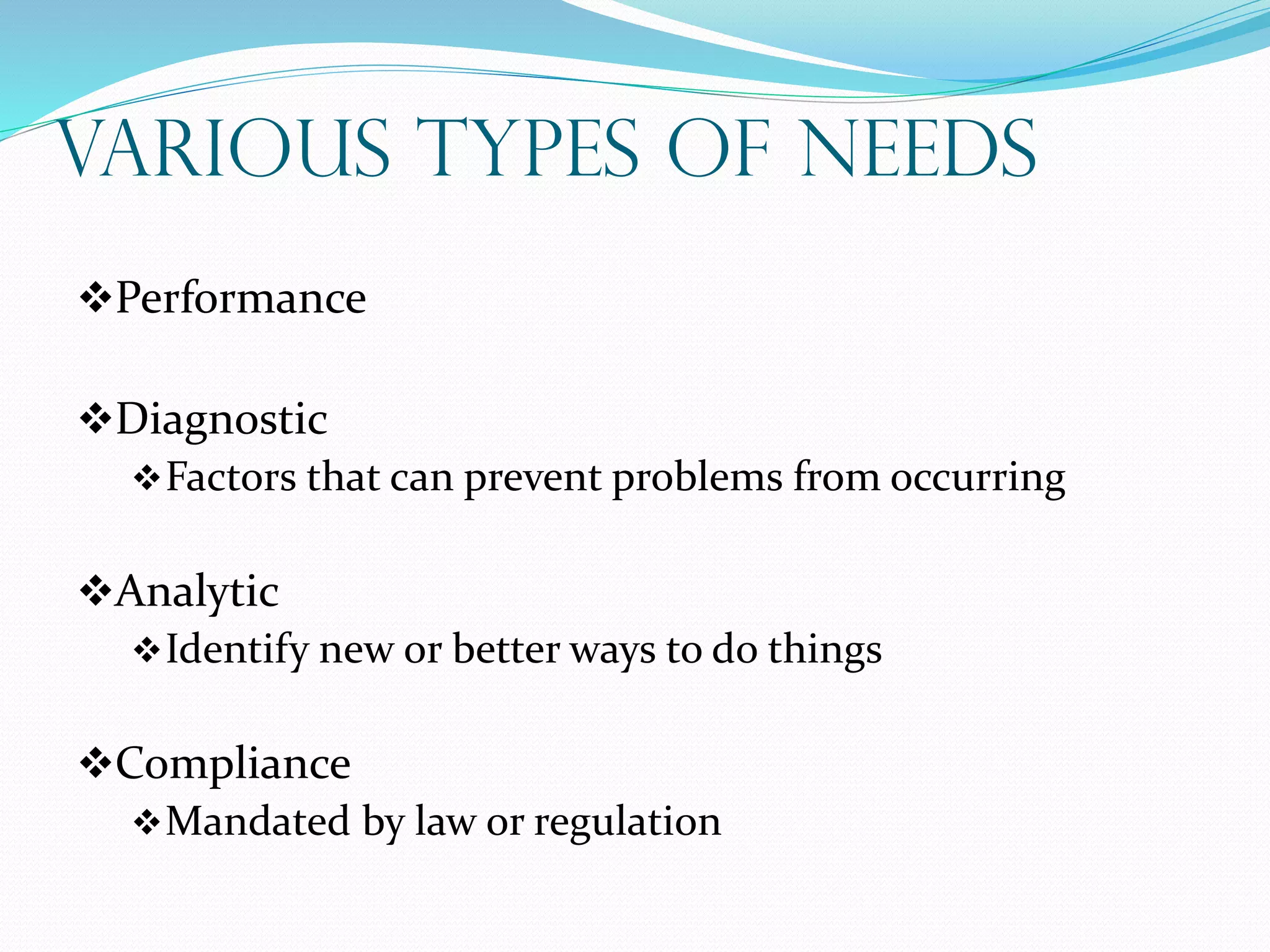 Various Types of Needs
Performance
Diagnostic
Factors that can prevent problems from occurring
Analytic
Identify new or better ways to do things
Compliance
Mandated by law or regulation
 