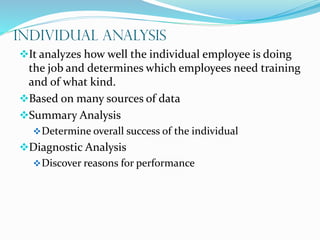 INDIVIDUAL ANALYSIS
It analyzes how well the individual employee is doing
the job and determines which employees need training
and of what kind.
Based on many sources of data
Summary Analysis
Determine overall success of the individual
Diagnostic Analysis
Discover reasons for performance
 