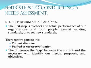 FOUR STEPS TO CONDUCTING A
NEEDS ASSESSMENT:
STEP 1. PERFORM A "GAP" ANALYSIS.
 The first step is to check the actual performance of our
organizations and our people against existing
standards, or to set new standards.
There are two parts to this:
 Current situation
 Desired or necessary situation
 The difference the "gap" between the current and the
necessary will identify our needs, purposes, and
objectives.
 