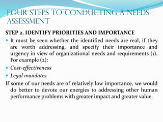 FOUR STEPS TO CONDUCTING A NEEDS
ASSESSMENT
STEP 2. IDENTIFY PRIORITIES AND IMPORTANCE
 It must be seen whether the identified needs are real, if they
are worth addressing, and specify their importance and
urgency in view of organizational needs and requirements (1).
For example (2):
 Cost-effectiveness
 Legal mandates
If some of our needs are of relatively low importance, we would
do better to devote our energies to addressing other human
performance problems with greater impact and greater value.
 