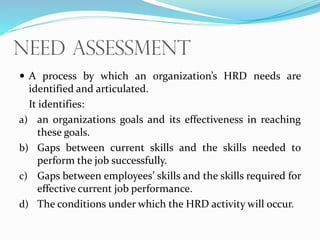 Need Assessment
 A process by which an organization’s HRD needs are
identified and articulated.
It identifies:
a) an organizations goals and its effectiveness in reaching
these goals.
b) Gaps between current skills and the skills needed to
perform the job successfully.
c) Gaps between employees’ skills and the skills required for
effective current job performance.
d) The conditions under which the HRD activity will occur.
 