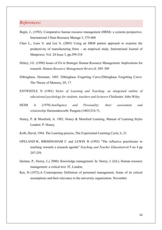 16
References:
Begin, J., (1992). Comparative human resource management (HRM): a systems perspective.
International J Hum Resource Manage 3, 379-408
Chen L., Liaw S. and Lee S. (2003) Using an HRM pattern approach to examine the
productivity of manufacturing firms – an empirical study, International Journal of
Manpower, Vol. 24 Issue 3, pp.299-318
Delery, J.E. (1998) Issues of Fit in Strategic Human Resource Management: Implications for
research. Human Resource Management Review,8: 289–309
Ebbinghaus, Hermann, 1885. Ebbinghaus Forgetting Curve.Ebbinghaus Forgetting Curve:
The Theory of Memory, 05, 17.
ENTWISTLE N (1981) Styles of Learning and Teaching; an integrated outline of
educational psychology for students, teachers and lecturers Chichester: John Wiley
HEIM A (1970) Intelligence and Personality: their assessment and
relationship Harmondsworth: Penguin (14021216-7).
Honey, P. & Mumford, A. 1982. Honey & Mumford Learning, Manual of Learning Styles
London: P. Honey.
Kolb, David, 1984. The Learning process, The Experiential Learning Cycle, 6, 21.
OPELAND W, BIRMINGHAM C and LEWIN B (1993) "The reflective practitioner in
teaching; towards a research agenda" Teaching and Teacher Educationvol 9 no 4 pp
247-259.
Quintas, P., Storey, J.,( 2000). Knowledge management. In: Storey, J. (Ed.), Human resource
management: a critical text. IT, London.
Rea, D (1972).A Contemporary Definition of personnel management, Some of its critical
assumptions and their relevance to the university organization. November
 