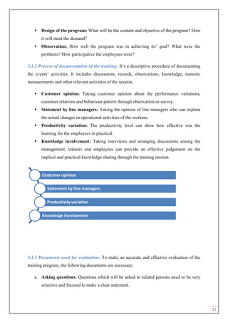 11
 Design of the program: What will be the content and objective of the program? How
it will meet the demand?
 Observation: How well the program was in achieving its’ goal? What were the
problems? How participative the employees were?
3.1.2 Process of documentation of the training: It’s a descriptive procedure of documenting
the events’ activities. It includes discussions, records, observations, knowledge, numeric
measurements and other relevant activities of the session.
 Customer opinion: Taking customer opinion about the performance variations,
customer relations and behaviour pattern through observation or survey.
 Statement by line managers: Taking the opinion of line managers who can explain
the actual changes in operational activities of the workers.
 Productivity variation: The productivity level can show how effective was the
learning for the employees in practical.
 Knowledge involvement: Taking interviews and arranging discussions among the
management, trainers and employees can provide an effective judgement on the
implicit and practical knowledge sharing through the training session.
3.1.3 Documents used for evaluation: To make an accurate and effective evaluation of the
training program, the following documents are necessary:
a. Asking questions: Questions which will be asked to related persons need to be very
selective and focused to make a clear statement.
Customer opinion
Statement by line managers
Productivity variation
Knowledge involvement
 