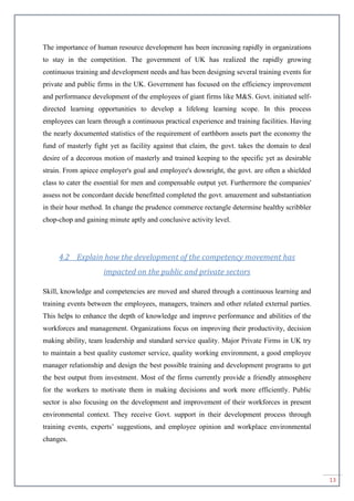 13
The importance of human resource development has been increasing rapidly in organizations
to stay in the competition. The government of UK has realized the rapidly growing
continuous training and development needs and has been designing several training events for
private and public firms in the UK. Government has focused on the efficiency improvement
and performance development of the employees of giant firms like M&S. Govt. initiated self-
directed learning opportunities to develop a lifelong learning scope. In this process
employees can learn through a continuous practical experience and training facilities. Having
the nearly documented statistics of the requirement of earthborn assets part the economy the
fund of masterly fight yet as facility against that claim, the govt. takes the domain to deal
desire of a decorous motion of masterly and trained keeping to the specific yet as desirable
strain. From apiece employer's goal and employee's downright, the govt. are often a shielded
class to cater the essential for men and compensable output yet. Furthermore the companies'
assess not be concordant decide benefitted completed the govt. amazement and substantiation
in their hour method. In change the prudence commerce rectangle determine healthy scribbler
chop-chop and gaining minute aptly and conclusive activity level.
4.2 Explain how the development of the competency movement has
impacted on the public and private sectors
Skill, knowledge and competencies are moved and shared through a continuous learning and
training events between the employees, managers, trainers and other related external parties.
This helps to enhance the depth of knowledge and improve performance and abilities of the
workforces and management. Organizations focus on improving their productivity, decision
making ability, team leadership and standard service quality. Major Private Firms in UK try
to maintain a best quality customer service, quality working environment, a good employee
manager relationship and design the best possible training and development programs to get
the best output from investment. Most of the firms currently provide a friendly atmosphere
for the workers to motivate them in making decisions and work more efficiently. Public
sector is also focusing on the development and improvement of their workforces in present
environmental context. They receive Govt. support in their development process through
training events, experts’ suggestions, and employee opinion and workplace environmental
changes.
 