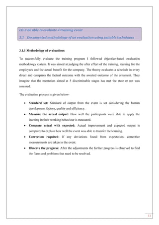 11
LO-3 Be able to evaluate a training event
3.1 Documented methodology of an evaluation using suitable techniques
3.1.1 Methodology of evaluations:
To successfully evaluate the training program I followed objective-based evaluation
methodology system. It was aimed at judging the after effect of the training, learning for the
employees and the actual benefit for the company. The theory evaluates a schedule in every
direct and compares the factual outcome with the awaited outcome of the ornament. They
imagine that the mentation aimed at 5 discriminable stages has met the state or not was
assessed.
The evaluation process is given below-
Standard set: Standard of output from the event is set considering the human
development factors, quality and efficiency.
Measure the actual output: How well the participants were able to apply the
learning in their working behaviour is measured.
Compare actual with expected: Actual improvement and expected output is
compared to explain how well the event was able to transfer the learning.
Correction required: If any deviations found from expectation, corrective
measurements are taken in the event.
Observe the progress: After the adjustments the further progress is observed to find
the flaws and problems that need to be resolved.
 