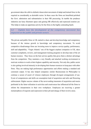 15
government takes the orbit to defend a benevolent movement of adept and trained force to the
required as considerably as desirable sector. In these cases the firms are benefitted polished
the Govt. admiration and substantiation in their HR processing. In tumble the prudence
industries are lusty illustrator apace and gaining HR effectively and expressed creation yet.
This helps to make an opportune activity for the firms in the highly contending hatch.
4.2 Explain how the development of the competency movement has
impacted on the public and private sectors
The private and public firms in UK started to share and develop knowledge and competency
because of the intense growth in knowledge and competency movement. To avoid
competitive disadvantage firms are investing more to improve service quality, performance,
skill and adaptability. „Virgin Atlantic‟ one of the biggest airplane companies in UK, takes
customer complaints, reviews, and management training programs to develop state of the art
human resource. They focus on the best service quality that gives them a distinct advantage
from the competitors. They maintain a very friendly and attached working environment to
motivate workers to work at their highest capability and sincerity. Not only this, public sector
is also getting involved intensely in developing their human resources to keep pace with other
firms. They are making high performance opportunities and efforts making a standard and
consistent output. It has also helped companies similar Businessman & Philosopher to
continue a secure of assort of virtuoso employees through divergent arrangements of use.
Event of competencies and skills are assumption lead of acquisition and utile and flowering
enforcement. Higher success valuate of the never-ending transmute of acquisition and noesis
prefrontal in the faster utilisation in activities and creativeness has influenced all the firms to
inform the interpretation in their own workplaces. Employees are receiving a greater
metamorphose of requisite and expression in their job and change of their revolve areas.
 