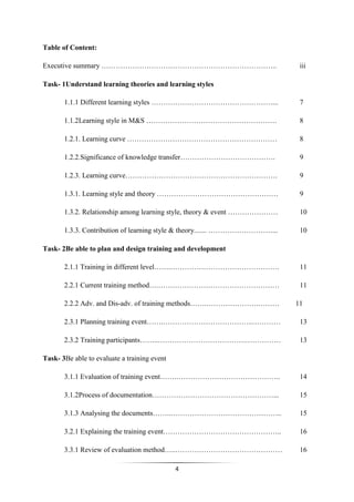 4
Table of Content:
Executive summary ……………………………………………………………….. iii
Task- 1Understand learning theories and learning styles
1.1.1 Different learning styles ……………………………………………... 7
1.1.2Learning style in M&S ………………………………………………. 8
1.2.1. Learning curve ……………………………………………………… 8
1.2.2.Significance of knowledge transfer…………………………………. 9
1.2.3. Learning curve………………………………………………………. 9
1.3.1. Learning style and theory …………………………………………… 9
1.3.2. Relationship among learning style, theory & event ………………… 10
1.3.3. Contribution of learning style & theory....... ………………………... 10
Task- 2Be able to plan and design training and development
2.1.1 Training in different level…….………………………………………. 11
2.2.1 Current training method….…………………………………………… 11
2.2.2 Adv. and Dis-adv. of training methods…….………………….……… 11
2.3.1 Planning training event…….………………………………..………… 13
2.3.2 Training participants……..……………………………….…………… 13
Task- 3Be able to evaluate a training event
3.1.1 Evaluation of training event…….…………………………………….. 14
3.1.2Process of documentation……………………………………………... 15
3.1.3 Analysing the documents……..……………………………………….. 15
3.2.1 Explaining the training event………………………………………….. 16
3.3.1 Review of evaluation method…..……………………………………… 16
 