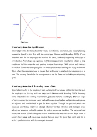 6
Knowledge transfer significance:
Knowledge within the firm about the values, expectations, innovation, and career planning
support is shared by the firm with the employees (Doorewaard&Benschop 2003). It’s an
important tool for the employees to increase the value, leadership capability and scope of
opportunities. Workshops are organized by M&S in regular form on different subject to help
employees building expertise and gaining practical knowledge. With period and contrary
excavation factors the employees gains see and surpass in their learning and study attainment,
this is when they are encouraged to elevate their ability and be an plus to the structure so as to
tune. The learning form helps the management to see the flaws and to linking the dispiriting
spots.
Knowledge transfer & Learning curve effect:
Knowledge transfer is the sharing of tacit and practical knowledge within the firm that aids
the employees to develop skill and experience (Doorewaard&Benschop 2003). Learning
curve helps to find the learning requirements, gaps and improve accordingly. The wide scope
of improvements like choosing career path, efficiency, team leading and decision making can
be adjusted and standardized as per the firm requires. Through the proceed power and
enhanced knowledge, employees attained efficiency in their reflection and managers could
advert out someone realizable options for apiece arena and thinking. The perpetual and
reconciled motion of info along the unit of dictation helps the new recruits helps them to
acquire knowledge and experience sharing them an assay to gloss their skills and be in
perfect synchronization with the employed surround.
 