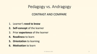 Pedagogy vs. Andragogy
CONTRAST AND COMPARE
1. Learner’s need to know
2. Self-concept of the learner
3. Prior experience of the learner
4. Readiness to learn
5. Orientation to learning
6. Motivation to learn
17Dr. Markovic 2015
 