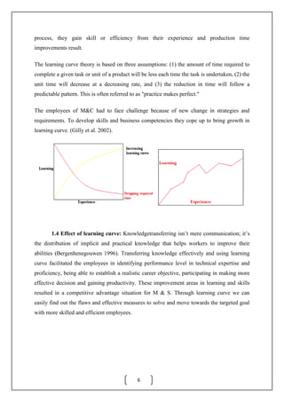 6
process, they gain skill or efficiency from their experience and production time
improvements result.
The learning curve theory is based on three assumptions: (1) the amount of time required to
complete a given task or unit of a product will be less each time the task is undertaken, (2) the
unit time will decrease at a decreasing rate, and (3) the reduction in time will follow a
predictable pattern. This is often referred to as "practice makes perfect."
The employees of M&C had to face challenge because of new change in strategies and
requirements. To develop skills and business competencies they cope up to bring growth in
learning curve. (Gilly et al. 2002).
1.4 Effect of learning curve: Knowledgetransferring isn’t mere communication; it’s
the distribution of implicit and practical knowledge that helps workers to improve their
abilities (Bergenhenegouwen 1996). Transferring knowledge effectively and using learning
curve facilitated the employees in identifying performance level in technical expertise and
proficiency, being able to establish a realistic career objective, participating in making more
effective decision and gaining productivity. These improvement areas in learning and skills
resulted in a competitive advantage situation for M & S. Through learning curve we can
easily find out the flaws and effective measures to solve and move towards the targeted goal
with more skilled and efficient employees.
 