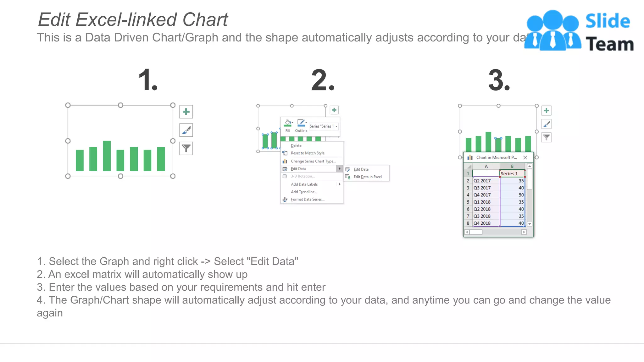 1. Select the Graph and right click -> Select "Edit Data"
2. An excel matrix will automatically show up
3. Enter the values based on your requirements and hit enter
4. The Graph/Chart shape will automatically adjust according to your data, and anytime you can go and change the value
again
Edit Excel-linked Chart
This is a Data Driven Chart/Graph and the shape automatically adjusts according to your data
1 2 3