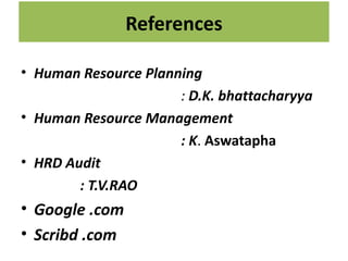 References

• Human Resource Planning
                      : D.K. bhattacharyya
• Human Resource Management
                      : K. Aswatapha
• HRD Audit
        : T.V.RAO
• Google .com
• Scribd .com
 