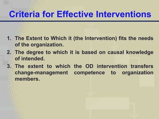 Criteria for Effective Interventions

1. The Extent to Which it (the Intervention) fits the needs
   of the organization.
2. The degree to which it is based on causal knowledge
   of intended.
3. The extent to which the OD intervention transfers
   change-management competence to organization
   members.
 