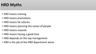 HRD Myths
• HRD means training
• HRD means promotions
• HRD means fat salaries
• HRD means planning the career of people
• HRD means rewards
• HRD means having a good time
• HRD depends on the top management
• HRD is the job of the HRD department alone
 
