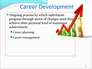 Career Development
Ongoing process by which individuals
progress through series of changes until they
achieve their perso...