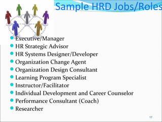 Sample HRD Jobs/Roles
Executive/Manager
HR Strategic Advisor
HR Systems Designer/Developer
Organization Change Agent
...