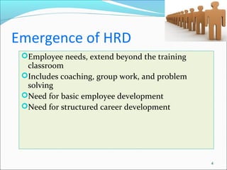 Emergence of HRD
Employee needs, extend beyond the training
classroom
Includes coaching, group work, and problem
solving...