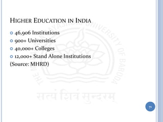 HIGHER EDUCATION IN INDIA
 46,906 Institutions
 900+ Universities
 40,000+ Colleges
 12,000+ Stand Alone Institutions
(Source: MHRD)
71
 