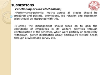 SUGGESTIONS
Functioning of HRD Mechanisms;
Performance-potential matrix across all grades should be
prepared and posting, promotions, job rotation and succession
plan should be integrated with this.
Further, the management should focus on to gain the
confidence of employees in its welfare activities through
reintroduction of the schemes, which were partially or completely
withdrawn, gather information about employee’s welfare needs
through a systematic survey etc.
 