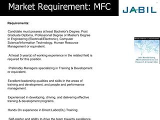 Market Requirement: MFC
Requirements:

Candidate must possess at least Bachelor's Degree, Post
Graduate Diploma, Professional Degree or Master's Degree
in Engineering (Electrical/Electronic), Computer
Science/Information Technology, Human Resource
Management or equivalent.

 At least 5 year(s) of working experience in the related field is
required for this position.

 Preferably Managers specializing in Training & Development
or equivalent.

Excellent leadership qualities and skills in the areas of
training and development, and people and performance
management.

Experienced in developing, driving, and delivering effective
training & development programs.

Hands On experience in Direct Labor(DL) Training.
 