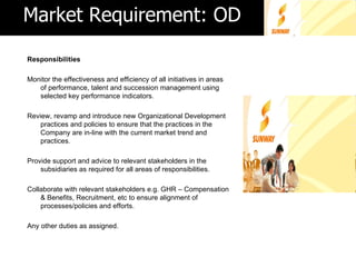 Market Requirement: OD

Responsibilities

Monitor the effectiveness and efficiency of all initiatives in areas
   of performance, talent and succession management using
   selected key performance indicators.

Review, revamp and introduce new Organizational Development
    practices and policies to ensure that the practices in the
    Company are in-line with the current market trend and
    practices.

Provide support and advice to relevant stakeholders in the
    subsidiaries as required for all areas of responsibilities.

Collaborate with relevant stakeholders e.g. GHR – Compensation
    & Benefits, Recruitment, etc to ensure alignment of
    processes/policies and efforts.

Any other duties as assigned.
 