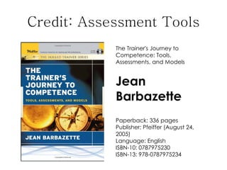Credit: Assessment Tools
            The Trainer's Journey to
            Competence: Tools,
            Assessments, and Models


            Jean
            Barbazette
            Paperback: 336 pages
            Publisher: Pfeiffer (August 24,
            2005)
            Language: English
            ISBN-10: 0787975230
            ISBN-13: 978-0787975234
 