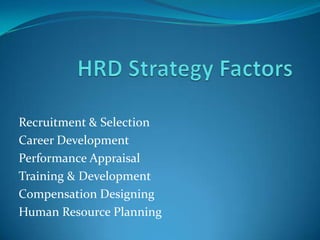 Recruitment & Selection
Career Development
Performance Appraisal
Training & Development
Compensation Designing
Human Resource Planning
 
