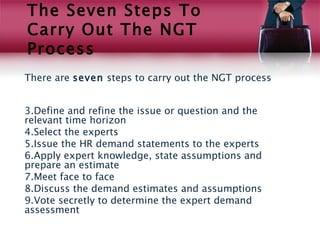 The Seven Steps To
Carry Out The NGT
Process
There are seven steps to carry out the NGT process
 

3.Define and refine the issue or question and the
relevant time horizon 
4.Select the experts 
5.Issue the HR demand statements to the experts 
6.Apply expert knowledge, state assumptions and
prepare an estimate 
7.Meet face to face 
8.Discuss the demand estimates and assumptions 
9.Vote secretly to determine the expert demand
assessment
 