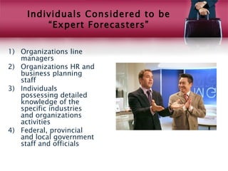 Individuals Considered to be
         “Expert Forecasters”

1) Organizations line
   managers
2) Organizations HR and
   business planning
   staff
3) Individuals
   possessing detailed
   knowledge of the
   specific industries
   and organizations
   activities
4) Federal, provincial
   and local government
   staff and officials
 