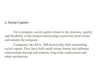 2. Social Capital :
For a company social capital relates to the structure, quality
and flexibility of the human relationships (networks) both inside
and outside the company.
Companies like HUL, SBI historically built outstanding
social capital. They have built small strong formal and informal
relationships through job rotation, long-term employment and
other mechanism.
 