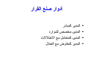 ‫القرار‬ ‫صنع‬ ‫أدوار‬
•
‫كمبادر‬ ‫المدير‬
•
‫للموارد‬ ‫مخصص‬ +‫ر‬‫المدي‬
•
‫االختالالت‬ ‫مع‬ ‫كمتعامل‬ +‫ر‬‫المدي‬
•
‫ال‬ّ
‫م‬‫الع‬ ‫مع‬ ‫كمفاوض‬ ‫المدير‬
 