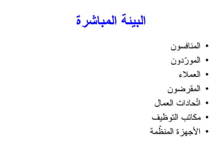 ‫المباشرة‬ ‫البيئة‬
•
‫المنافسون‬
•
‫دون‬ّ
‫المور‬
•
‫العمالء‬
•
‫المقرضون‬
•
‫العمال‬ ‫حادات‬ّ
‫ت‬‫ا‬
•
‫التوظيف‬ ‫مكاتب‬
•
‫مة‬ ّ
‫المنظ‬ ‫األجهزة‬
 