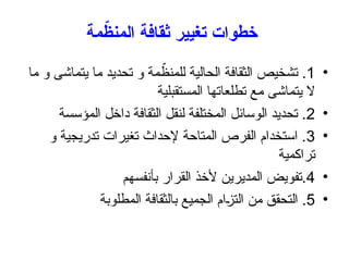 ‫مة‬ّ
‫المنظ‬ ‫ثقافة‬ ‫تغيير‬ ‫خطوات‬
•
1
‫ما‬ ‫و‬ ‫يتماشى‬ ‫ما‬ ‫تحديد‬ ‫و‬ ‫مة‬ ّ
‫للمنظ‬ ‫الحالية‬ ‫الثقافة‬ ‫تشخيص‬ .
‫المستقبلية‬ ‫تطلعاتها‬ ‫مع‬ ‫يتماشى‬ ‫ال‬
•
2
‫المؤسسة‬ ‫داخل‬ ‫الثقافة‬ ‫لنقل‬ ‫المختلفة‬ ‫الوسائل‬ ‫تحديد‬ .
•
3
‫و‬ ‫تدريجية‬ ‫تغيرات‬ ‫إلحداث‬ ‫المتاحة‬ ‫الفرص‬ ‫استخدام‬ .
‫تراكمية‬
•
4
‫بأنفسهم‬ ‫القرار‬ ‫ألخذ‬ ‫المديرين‬ ‫تفويض‬.
•
5
‫المطلوبة‬ ‫بالثقافة‬ ‫الجميع‬ ‫ام‬+
‫ز‬‫الت‬ ‫من‬ ‫التحقق‬ .
 