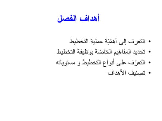 ‫الفصل‬ ‫أهداف‬
•
‫التخطيط‬ ‫عملية‬ ‫ة‬ّ
‫ي‬ّ
‫م‬‫أه‬ ‫إلى‬ ‫التعرف‬
•
‫التخطيط‬ ‫بوظيفة‬ ‫ة‬ ّ
‫الخاص‬ ‫المفاهيم‬ ‫تحديد‬
•
‫مستوياته‬ ‫و‬ ‫التخطيط‬ ‫أنواع‬ ‫على‬ ‫ف‬ّ
‫التعر‬
•
‫األهداف‬ ‫تصنيف‬
 