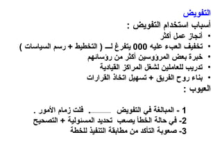‫التفويض‬
: ‫التفويض‬ ‫استخدام‬ ‫أسباب‬
•
‫أكثر‬ ‫عمل‬ ‫أنجاز‬
•
‫عليه‬ ‫العبء‬ ‫تخفيف‬
000
) ‫السياسات‬ ‫رسم‬ + ‫التخطيط‬ ( ‫لـــ‬ ‫يتفرغ‬
•
‫رؤسائهم‬ ‫من‬ ‫أكثر‬ ‫المرؤوسين‬ ‫بعض‬ ‫خبرة‬
•
‫القيادية‬ ‫المراكز‬ ‫لشغل‬ ‫للعاملين‬ ‫تدريب‬
•
‫القرارات‬ ‫اتخاذ‬ ‫تسهيل‬ + ‫الفريق‬ ‫روح‬ ‫بناء‬
: ‫العيوب‬
1
. ‫األمور‬ ‫زمام‬ ‫فلت‬ ‫التفويض‬ ‫في‬ ‫المبالغة‬ -
2
‫التصحيح‬ + ‫المسئولية‬ ‫تحديد‬ ‫يصعب‬ ‫الخطأ‬ ‫حالة‬ ‫في‬ -
3
‫للخطة‬ ‫التنفيذ‬ ‫مطابقة‬ ‫من‬ ‫التأكد‬ ‫صعوبة‬ -
 