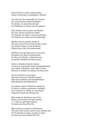 Nareo kf’boay sy nareo mademoiselles
Henoy fa hazavaiko ny génétiquen’i Mendel
Ny Gène moa dia responsable de caractère
Izy io dia karazana facteur héréditaire
Ny ahitana , ao anaty chromosomes
Ny fitambaran’izy rehetra atao hoe génome
Misy endriny maro ny gene, hoy Mendel
Ireo ilay nomena anarana hoe allèles
Ny fitoerany any anaty no atao hoe genotype
Ny fisehony ety ivelany atao hoe phenotype
Rehefa croisé-na ny géne anankiroa
Dia misy recessif fa tsy miara-miseho avokoa
Izy miseho ivelany no atao dominants
Rehefa mitovy hery dia isodominants
Marihina fa ny genotype amin’ny race pure
De gamete iray ihany na homozygote
Fa raha race hybride, za aloha tena sure
Fa gamètes anankiroa na hétérozygote
Tiako ny hampita aminareo namana
Fa maro ny croisements nanaovam-panandramana
Izay nataon’i Mendel ka samy ilaina @ bôsy
Recessif sy hybride zao nataony hoe back-cross
Na race hybride io na race pure
Dia samy nanaovan’i Mendel aventure
Raha gene anankiray dia monohybridisme
Raha anankiroa dia dihybridisme
Ny andrana nataon’i Mendel no nahazoany
Fa mitovy avokoa ny generation voalohany
Io no manome no vokatry ny croissement
Proportion tokana dia 100 pourcent
Raha tranga-na dominance recessivité
Natao ny croisements ka indro nanome
¾, ¼ hoan’ny génération faharoa
Ny back-cross kosa fifty fifty
Raha miseho ny tranga-na codominance
Dia miova kely fotsiny amin’ny tatsy ambony tatsy
Ny F2 manome un quart, un quart, un demi
Ny back-cross kosa mbola fifty fifty
 