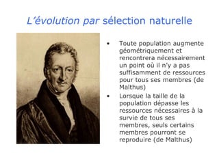 L’évolution par  sélection naturelle Toute population augmente géométriquement et rencontrera nécessairement un point où il n’y a pas suffisamment de ressources pour tous ses membres (de Malthus) Lorsque la taille de la population dépasse les ressources nécessaires à la survie de tous ses membres, seuls certains membres pourront se reproduire (de Malthus) 