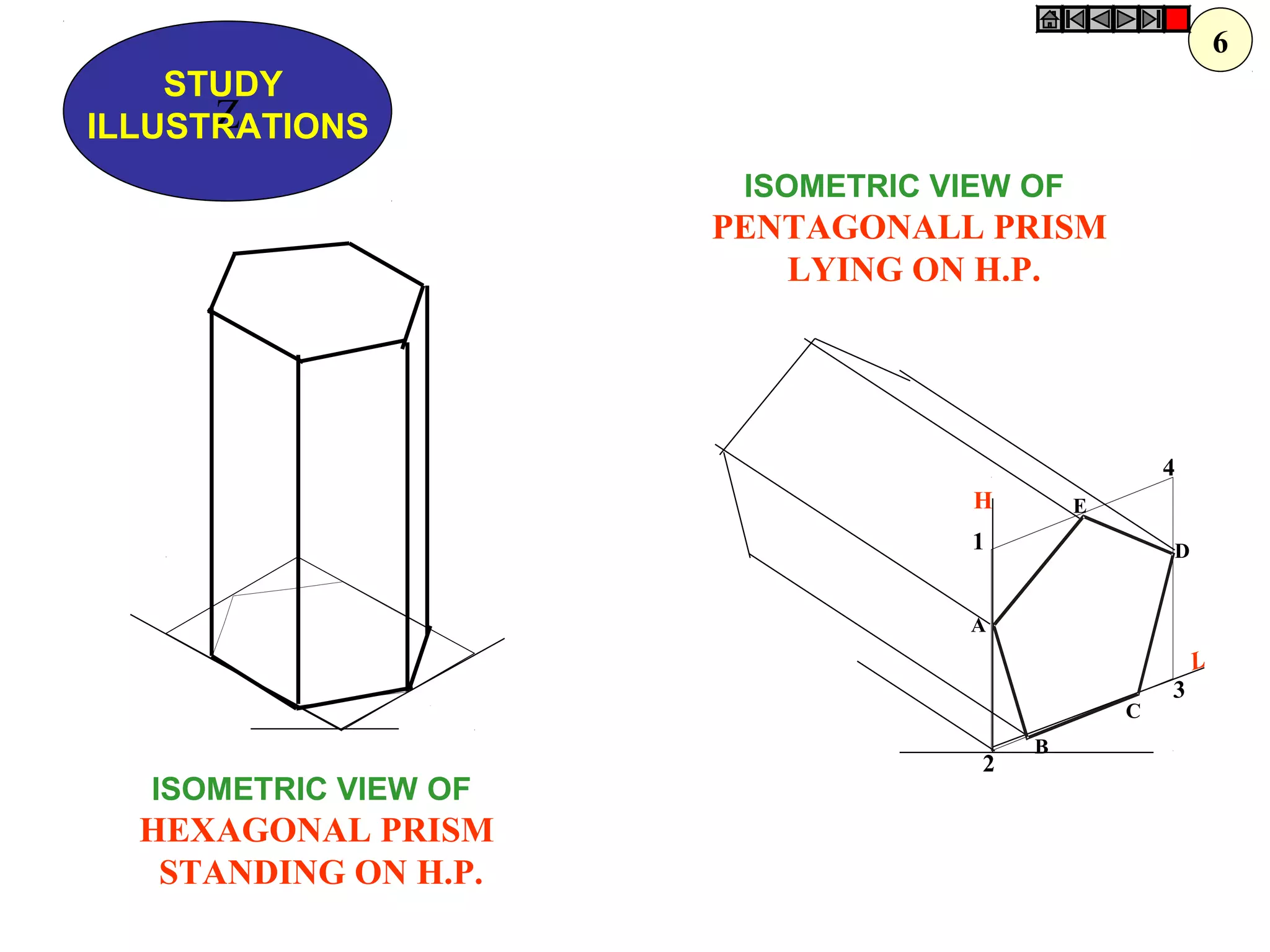 H
L
1
2
3
4
A
B
C
D
E
Z
STUDY
ILLUSTRATIONS
ISOMETRIC VIEW OF
PENTAGONALL PRISM
LYING ON H.P.
ISOMETRIC VIEW OF
HEXAGONAL PRISM
STANDING ON H.P.
6
 