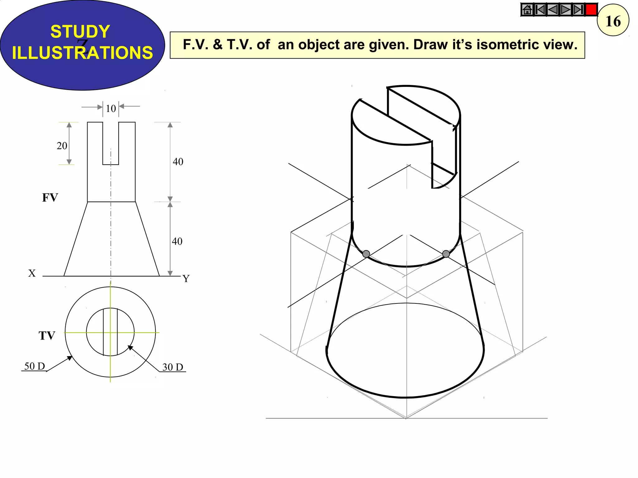 Z
STUDY
ILLUSTRATIONS
X
Y
30 D50 D
10
40
20
40
FV
TV
F.V. & T.V. of an object are given. Draw it’s isometric view.
16
 