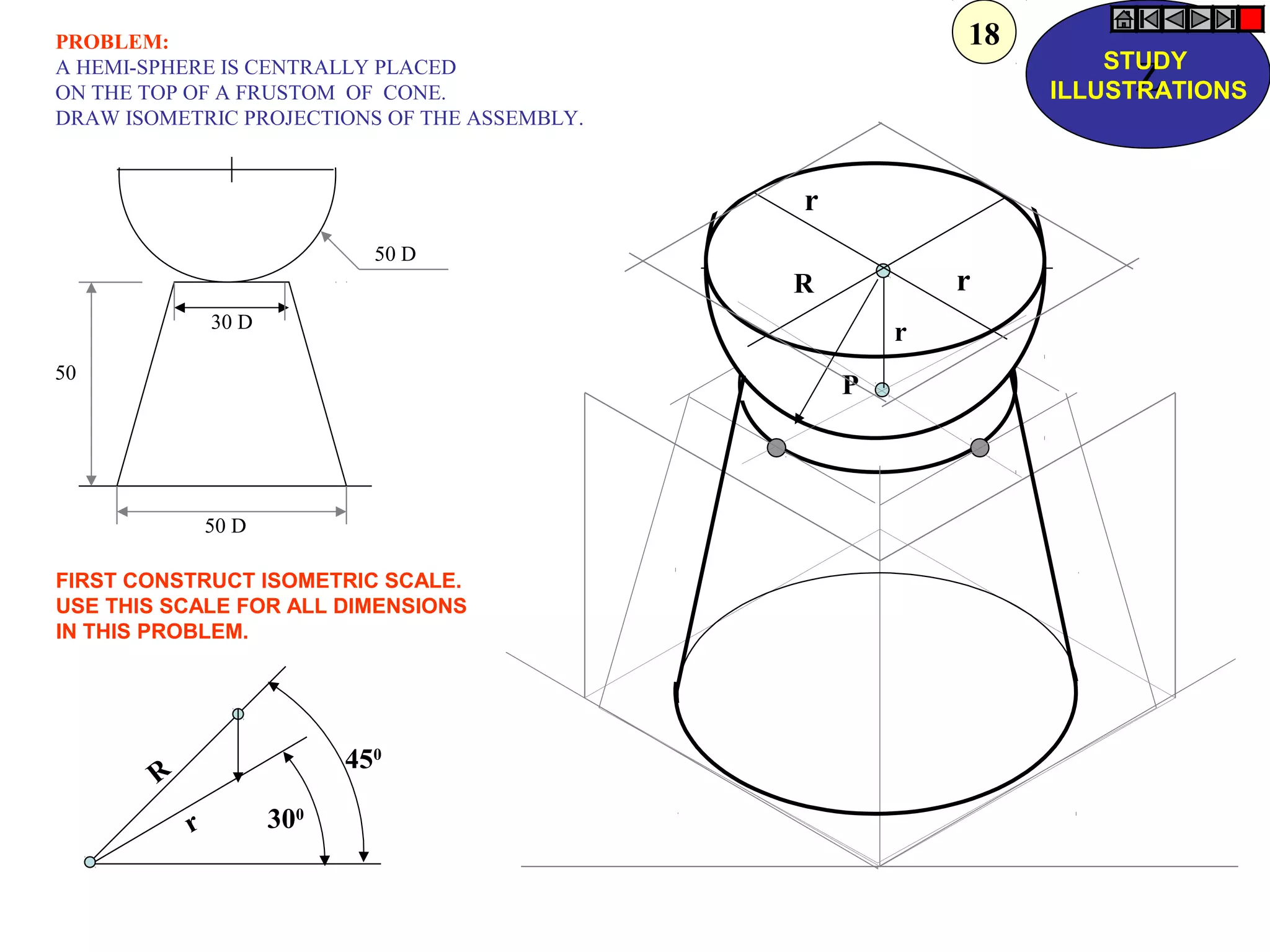 P
r
R
r
r
50 D
30 D
50 D
50
r
R
450
300
PROBLEM:
A HEMI-SPHERE IS CENTRALLY PLACED
ON THE TOP OF A FRUSTOM OF CONE.
DRAW ISOMETRIC PROJECTIONS OF THE ASSEMBLY.
FIRST CONSTRUCT ISOMETRIC SCALE.
USE THIS SCALE FOR ALL DIMENSIONS
IN THIS PROBLEM.
Z
STUDY
ILLUSTRATIONS
18
 