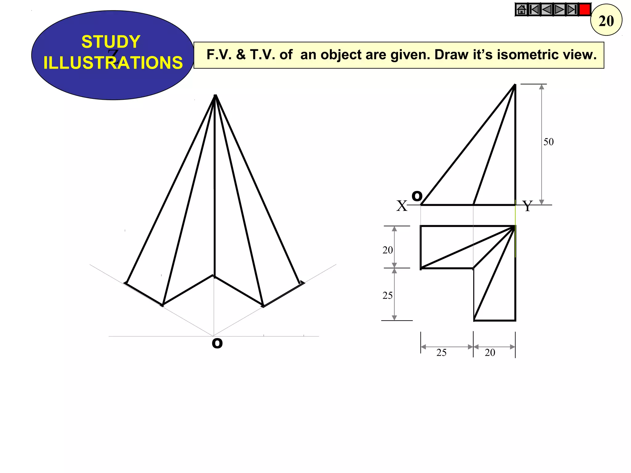 Z
STUDY
ILLUSTRATIONS
X Y
50
20
25
25 20
O
O
F.V. & T.V. of an object are given. Draw it’s isometric view.
20
 