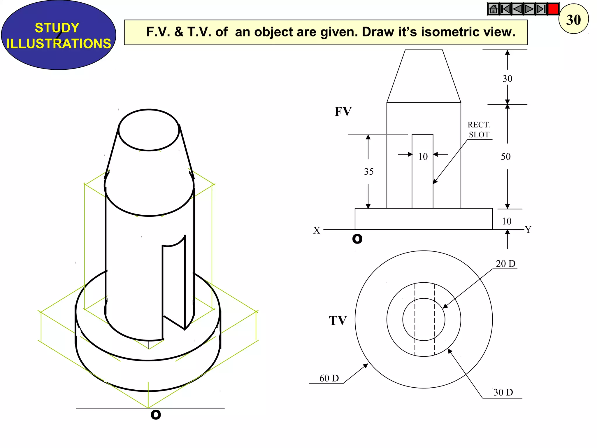 O
O
10
30
50
10
35
20 D
30 D
60 D
FV
TV
X Y
RECT.
SLOT
F.V. & T.V. of an object are given. Draw it’s isometric view.Z
STUDY
ILLUSTRATIONS
30
 