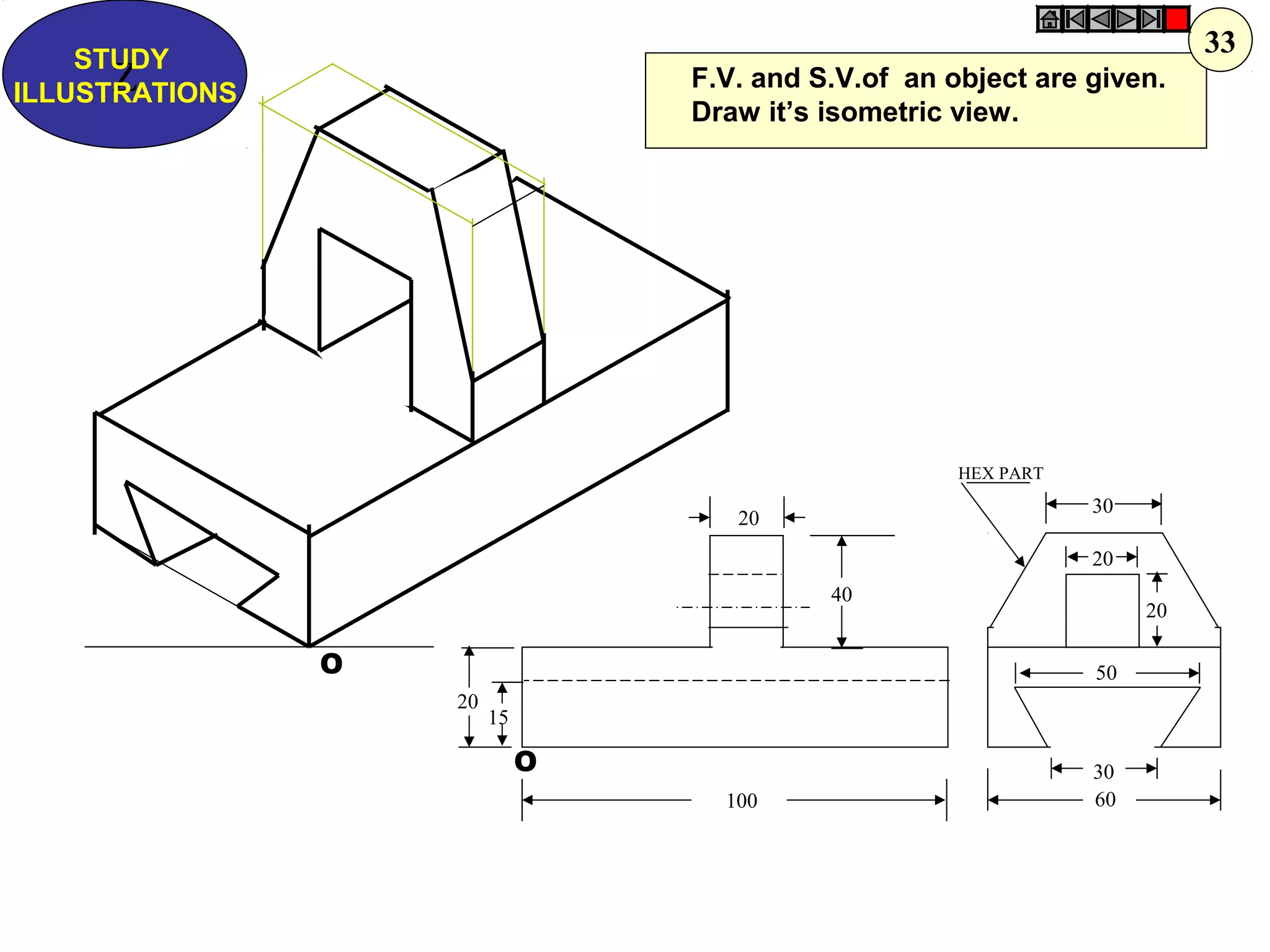 O
O
20
20
15
30
60
30
20
20
40
100
50
HEX PART
F.V. and S.V.of an object are given.
Draw it’s isometric view.
Z
STUDY
ILLUSTRATIONS
33
 