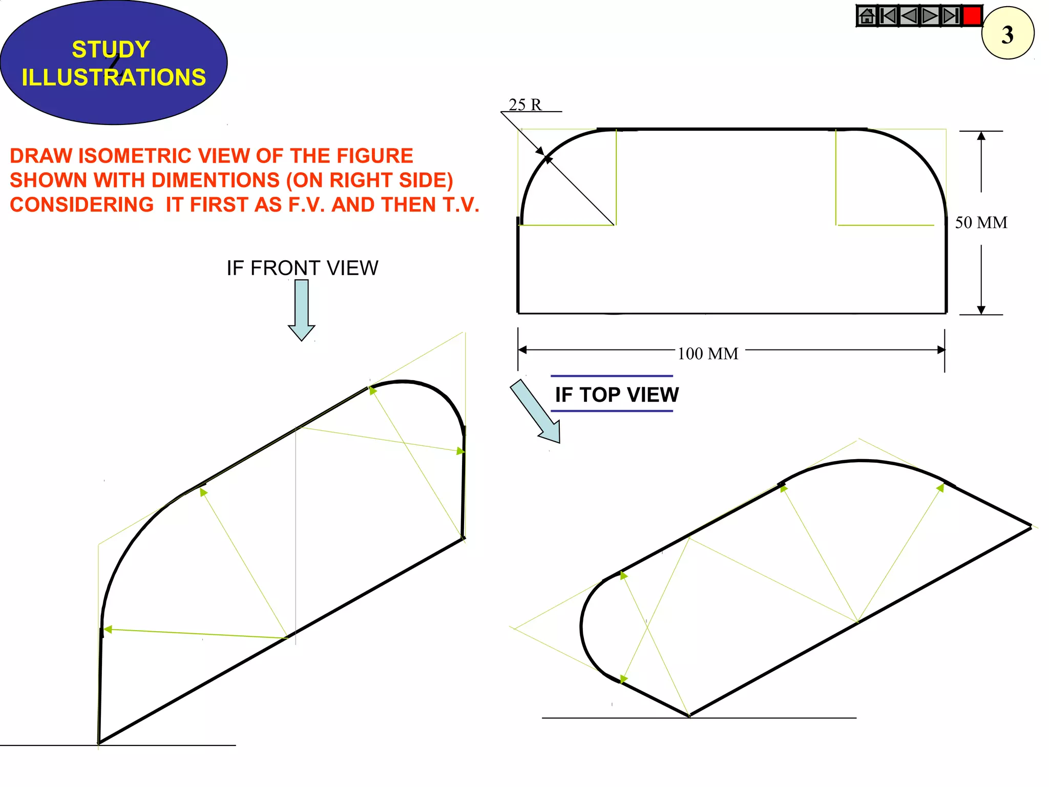 25 R
100 MM
50 MM
Z
STUDY
ILLUSTRATIONS
DRAW ISOMETRIC VIEW OF THE FIGURE
SHOWN WITH DIMENTIONS (ON RIGHT SIDE)
CONSIDERING IT FIRST AS F.V. AND THEN T.V.
IF TOP VIEW
IF FRONT VIEW
3
 