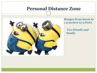 Personal Distance Zone
Ranges from 60cm to
1.5 meters (2-5 feet).
For friends and
family
 