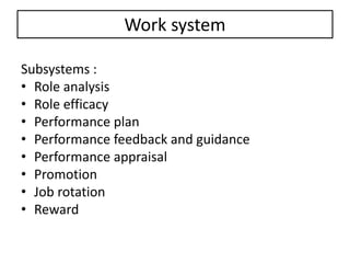 Work system
Subsystems :
• Role analysis
• Role efficacy
• Performance plan
• Performance feedback and guidance
• Performance appraisal
• Promotion
• Job rotation
• Reward
 