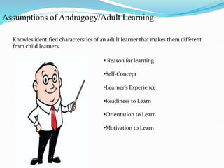 Assumptions of Andragogy/Adult Learning
Knowles identified characterstics of an adult learner that makes them different
from child learners.
• Reason for learning
•Self-Concept
•Learner’s Experience
•Readiness to Learn
•Orientation to Learn
•Motivation to Learn
 