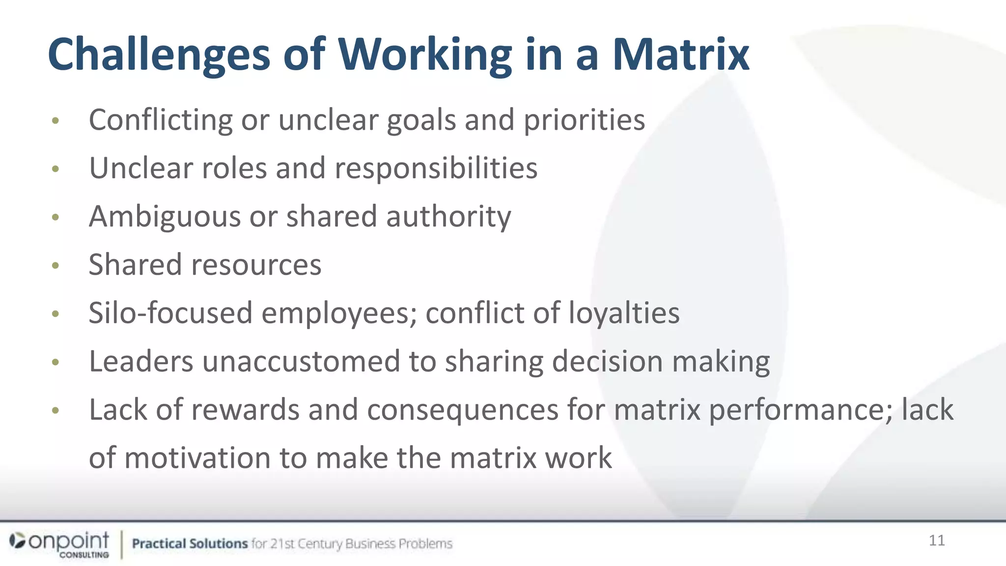 Challenges of Working in a Matrix
• Conflicting or unclear goals and priorities
• Unclear roles and responsibilities
• Ambiguous or shared authority
• Shared resources
• Silo-focused employees; conflict of loyalties
• Leaders unaccustomed to sharing decision making
• Lack of rewards and consequences for matrix performance; lack
of motivation to make the matrix work
11
 
