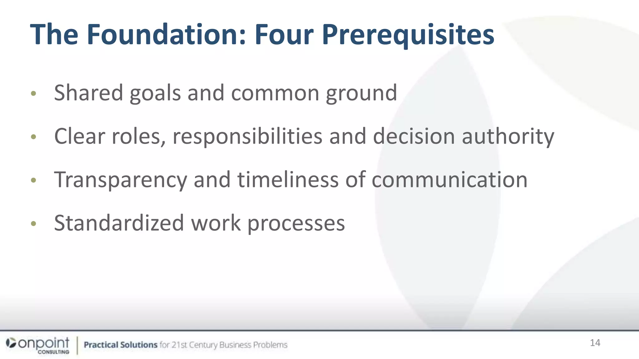The Foundation: Four Prerequisites
• Shared goals and common ground
• Clear roles, responsibilities and decision authority
• Transparency and timeliness of communication
• Standardized work processes
14
 