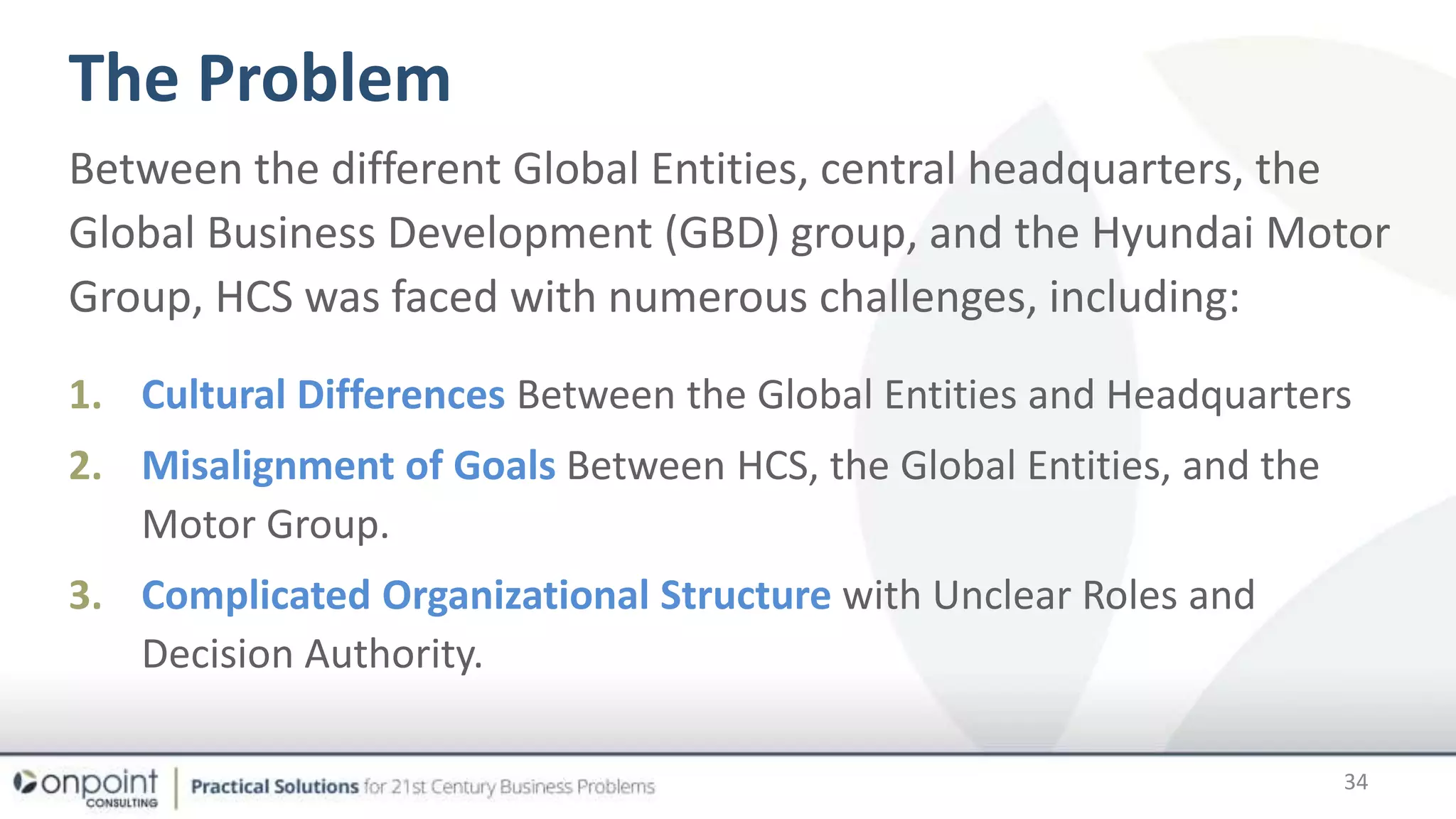 The Problem
34
Between the different Global Entities, central headquarters, the
Global Business Development (GBD) group, and the Hyundai Motor
Group, HCS was faced with numerous challenges, including:
1. Cultural Differences Between the Global Entities and Headquarters
2. Misalignment of Goals Between HCS, the Global Entities, and the
Motor Group.
3. Complicated Organizational Structure with Unclear Roles and
Decision Authority.
 